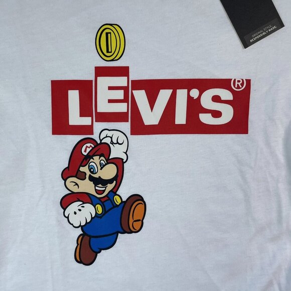 [XS] SUPER MARIO x LEVIS Collab Logo GRAPHIC T-Shirt Nintendo Jump Coin White - Picture 2 of 10
